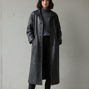 Vintage LEATHER "Friends" Style Black Long floor-length Heavy-Duty Jacket XL-XXL